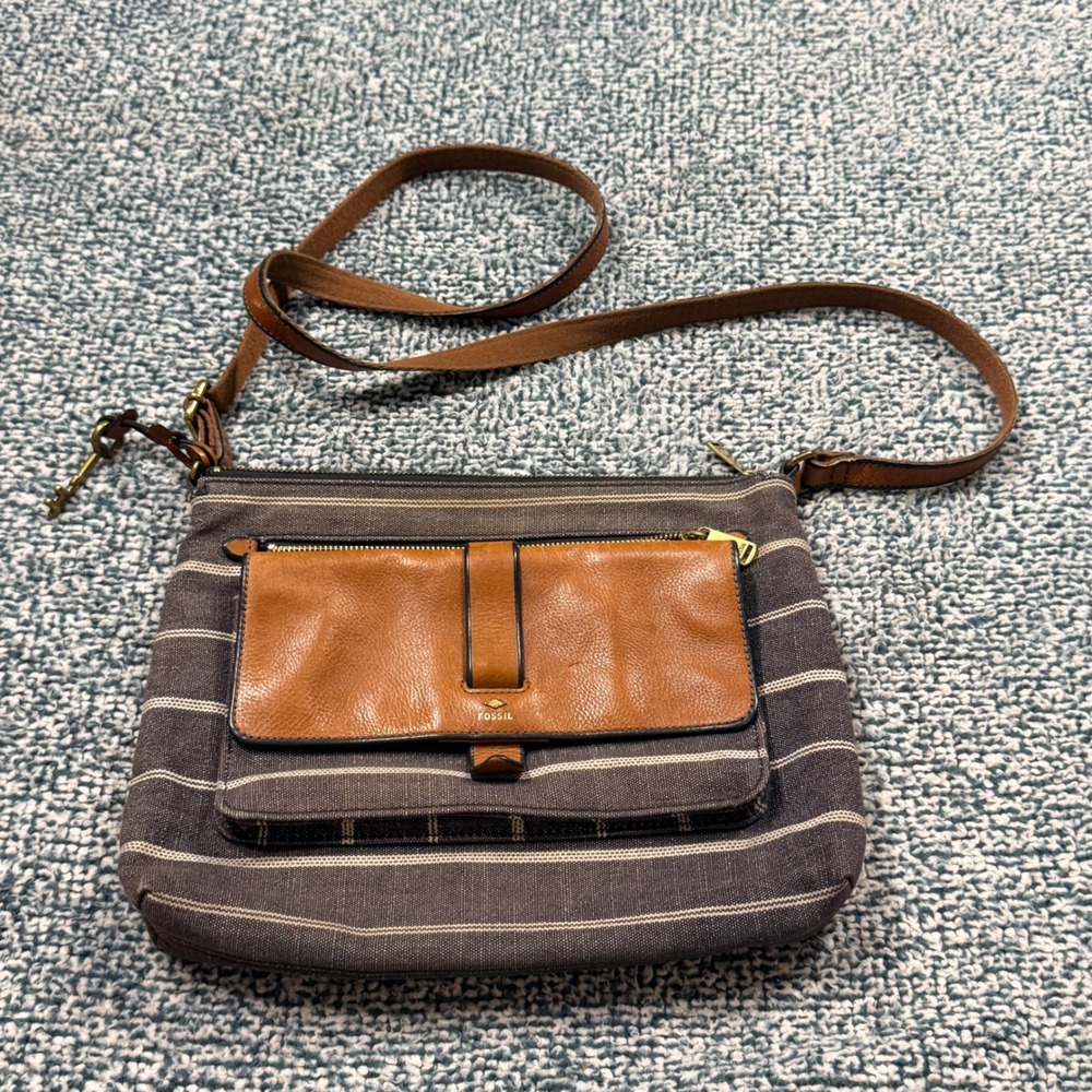 Fossil Striped Canvas Leather Trim Crossbody Bag Gray Brown
